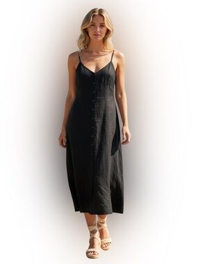 New York & Company Black Linen Blend Button-Front Midi Dress Size 4 NWT